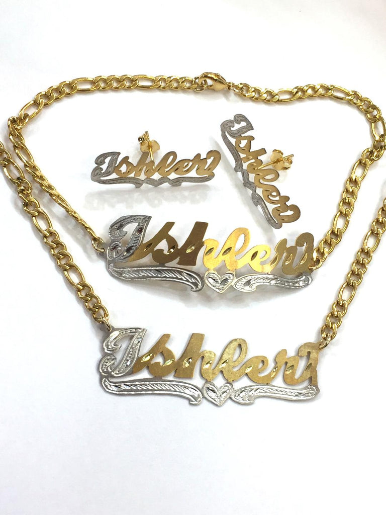 Personalized 14k Gold Plate Single plated Any Name Set Necklace Bracelet & Earrings