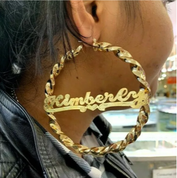 Personalized 14k Gold Overlay Any Name hoop Earrings Twisty Jumbo Bamboo Earrings 3 inch