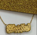 Personalized 14k Gold Overlay Double Any Name Plate Necklace Any Glitter Sparkle Color Onyx Back