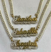 Personalized 14k Gold Overlay Double 3d  Any Name Plate Necklace / CZ Stone Chain
