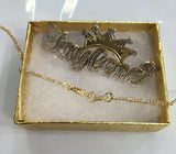 14k Gold Plate Personalized Any Name Double Plate Nameplate Necklace with chain and crown
