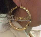 Personalized 14k Gold Overlay Any Name hoop Earrings Jumbo Bamboo Earrings 3 inch/1