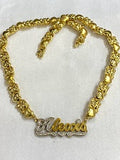 14k Gold Plate Personalized Any Name Double Plate Nameplate Necklace with X & Teddy Bear chain