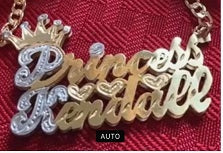 Personalized 14k Gold Overlay Double 3d Any 2 Names Plate Necklace + Crown (Free Thick Chain)
