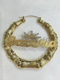 Personalized 14k Gold Overlay GP Any Name Hoop Bamboo Crown Earrings 2 inch