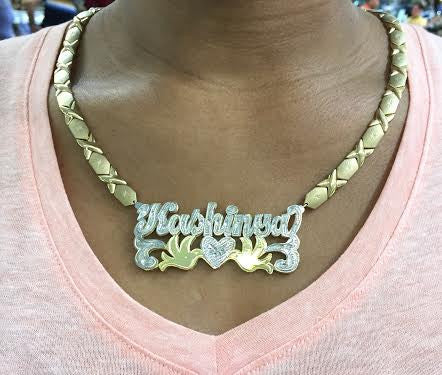 Personalized 14k Gold Overlay 3" Double 3d Any Name Plate Necklace XOXO chain