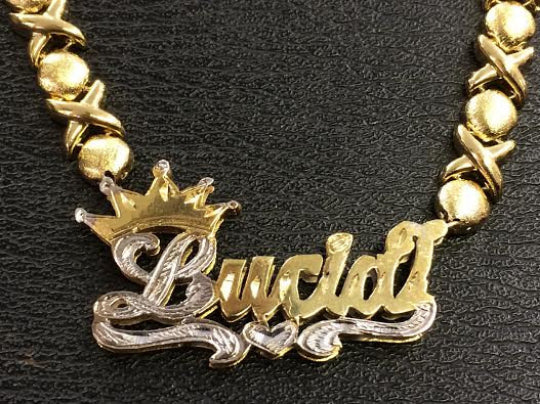14k Gold Plate Personalized Any Name Double Plate Nameplate Necklace with XOXO chain and crown
