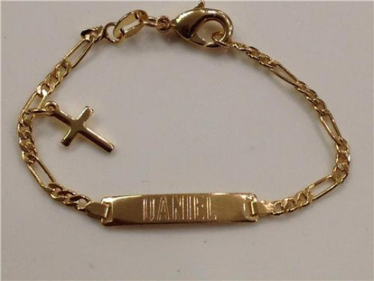 Personalized 14k Gold Plate Baby Name ID Bracelet with Free Name Engraving on Front & Birth date on the back/ Christening /Baptism/ Birthday/CROSS