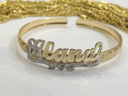 Personalized  Adult 14K Gold Plate any Single Plate ADJUSTABLE Name Bracelet bangle/Gold overlay