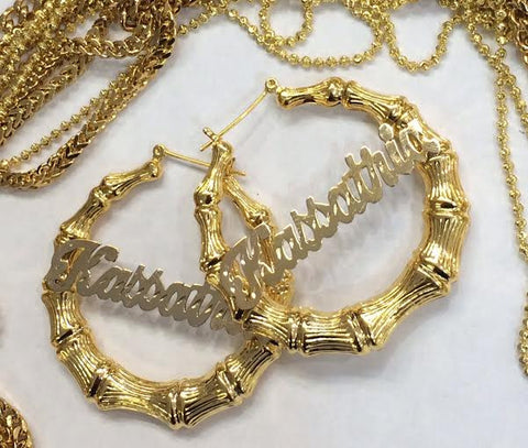 Personalized 14k Gold Overlay Any Name hoop Earrings Bamboo Earrings 1 1/2 inch/PLAIN