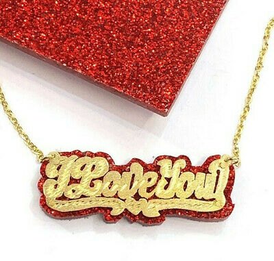 Personalized 14k Gold Overlay Double Name Plate "ILoveYou" Necklace Glitter Sparkle RED Onyx Back