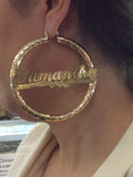 Personalized 14k Gold Overlay Any Name hoop Earrings Round Jumbo Bamboo Earrings 3 inch/