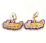 Personalized 14k Gold Overly Any Name Glitter Sparkle Purple Onyx Background Dangle Earrings /Gold Plated