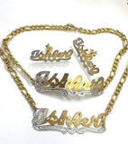Personalized 14k Gold Plate Single plated Any Name Set Necklace Bracelet & Earrings (Thick chain)