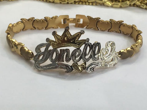 Personalized 14K Gold Overlay Any Double Name Plate X&heart Bracelet + Crown/ Huggs and Kisses