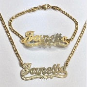 Personalized 14k Gold Plate Single plated Any Name Set Necklace & Bracelet (Thick chain)