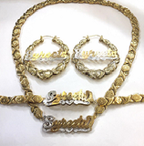 Personalized 14k Gold Plate Double plated Any Name 3D XOXO Necklace , matching Bracelet & 3" Hoop Earrings