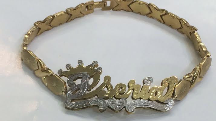 Personalized 14K Gold Overlay Any Double Name Plate XOXO Bracelet + Crown/ Huggs and Kisses
