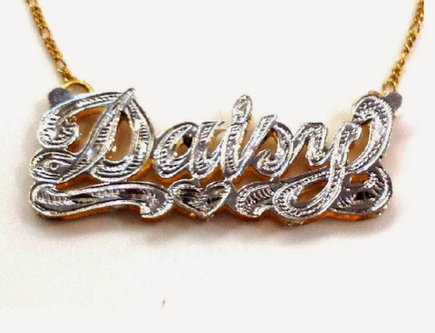 Personalized 14k Gold Overlay/ Silver Plate Double 3D Any Name Plate Necklace Free Chain/ Gold Plated Dipped in White Gold/f7